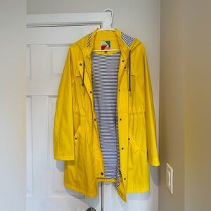 Yellow Hooded Women's Rain Jacket with Nautical Striped Lining